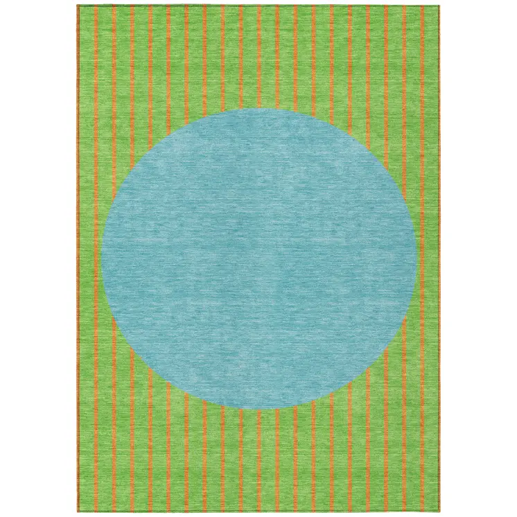 5' X 8' Lime Green And Blue Striped Washable Indoor Outdoor Area Rug
