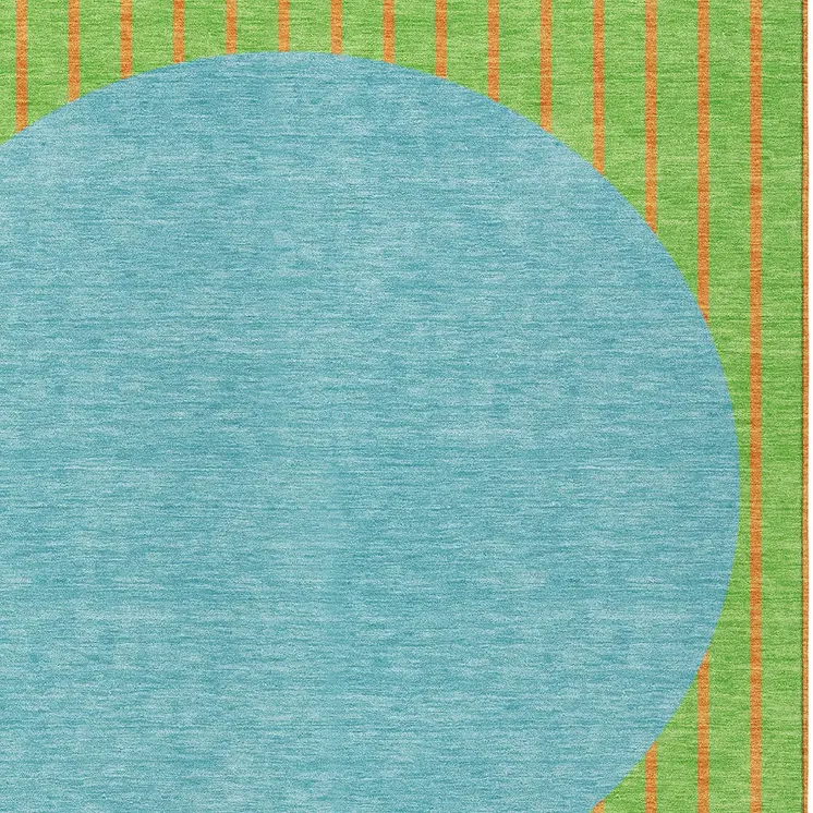 5' X 8' Lime Green And Blue Striped Washable Indoor Outdoor Area Rug