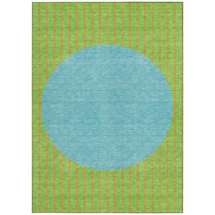 5' X 8' Lime Green And Blue Striped Washable Indoor Outdoor Area Rug