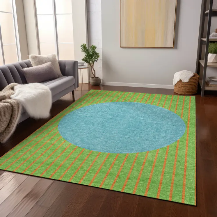 5' X 8' Lime Green And Blue Striped Washable Indoor Outdoor Area Rug