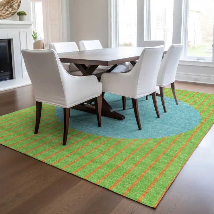 5' X 8' Lime Green And Blue Striped Washable Indoor Outdoor Area Rug