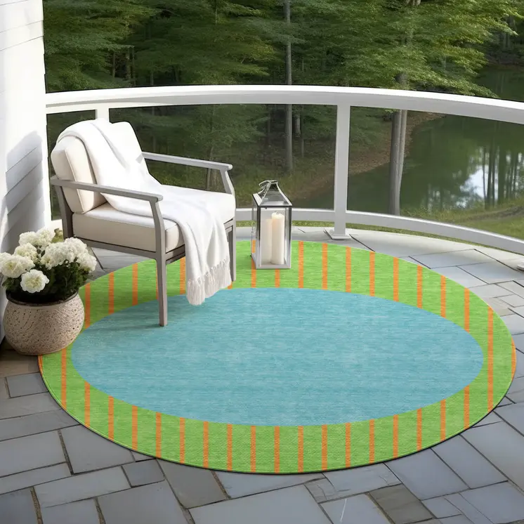 8' Lime Green And Blue Round Striped Washable Indoor Outdoor Area Rug