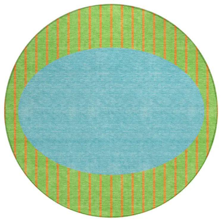 8' Lime Green And Blue Round Striped Washable Indoor Outdoor Area Rug