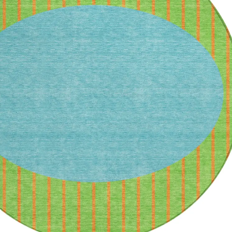 8' Lime Green And Blue Round Striped Washable Indoor Outdoor Area Rug
