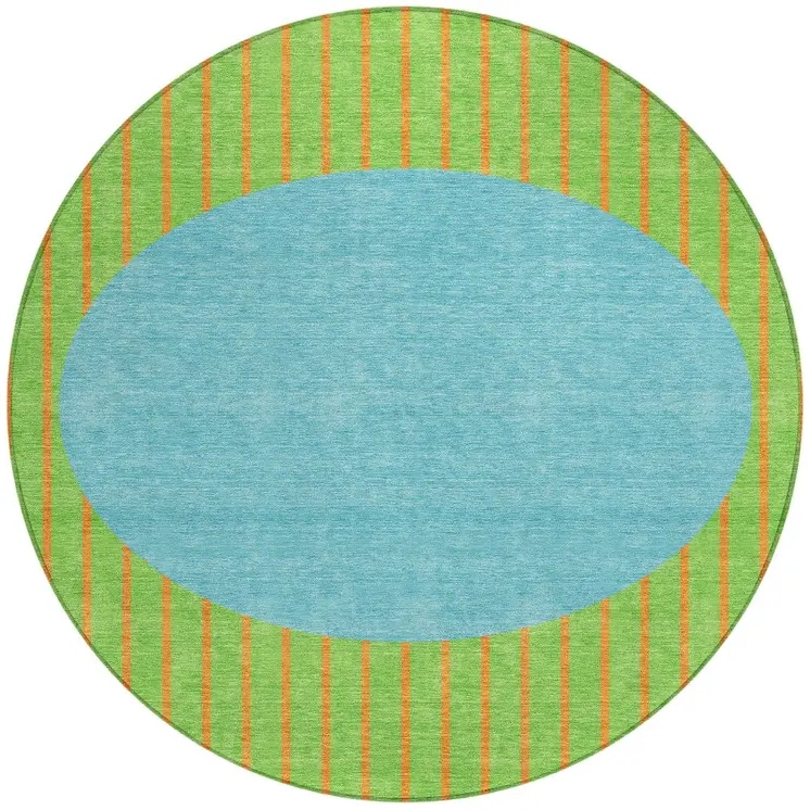 8' Lime Green And Blue Round Striped Washable Indoor Outdoor Area Rug