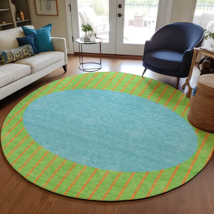 8' Lime Green And Blue Round Striped Washable Indoor Outdoor Area Rug
