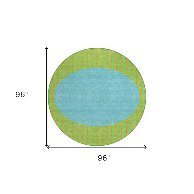 8' Lime Green And Blue Round Striped Washable Indoor Outdoor Area Rug