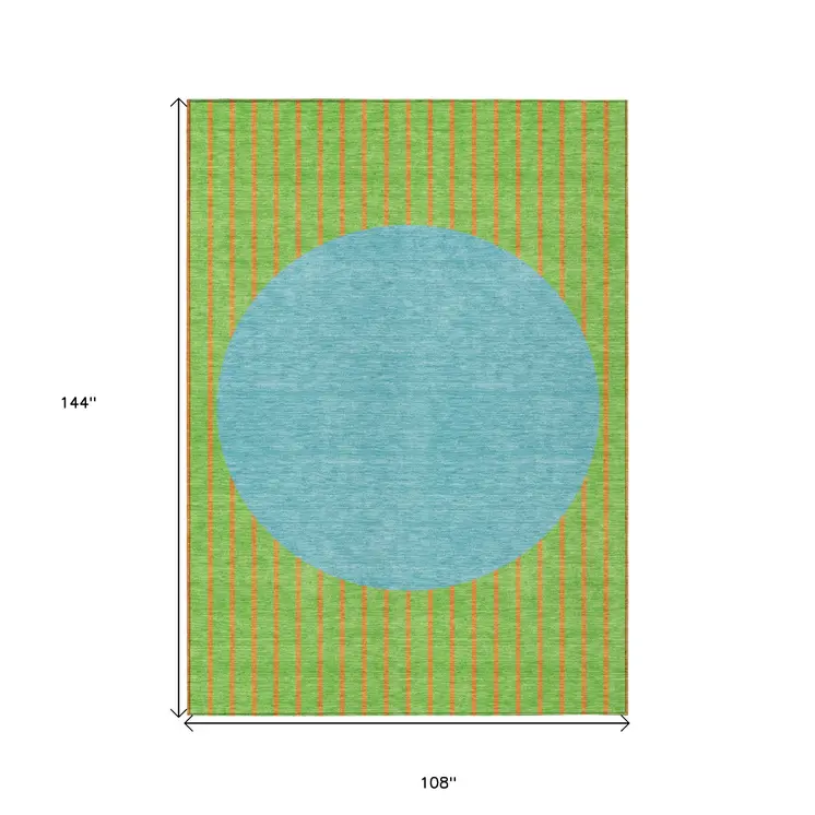 9' X 12' Lime Green And Blue Striped Washable Indoor Outdoor Area Rug