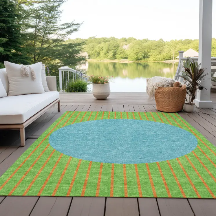10' X 14' Lime Green And Blue Striped Washable Indoor Outdoor Area Rug