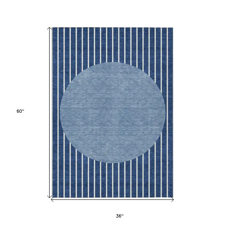 3' X 5' Navy Blue And Gray Striped Washable Indoor Outdoor Area Rug