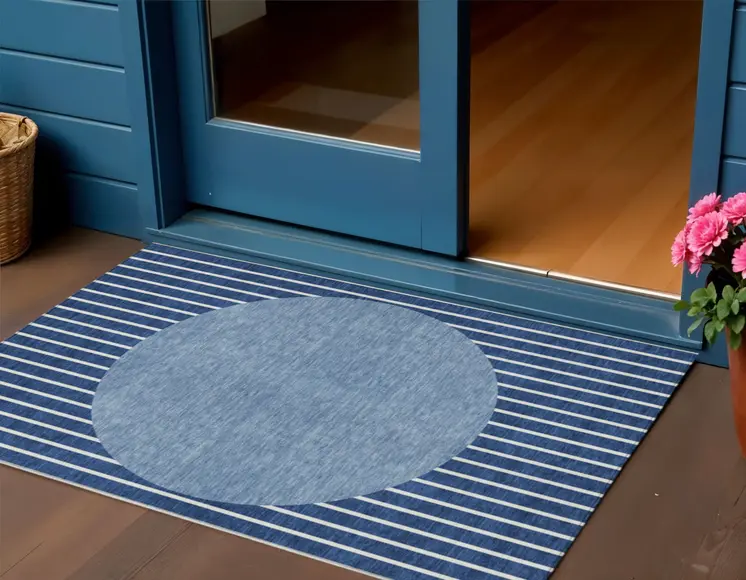 3' X 5' Navy Blue And Gray Striped Washable Indoor Outdoor Area Rug