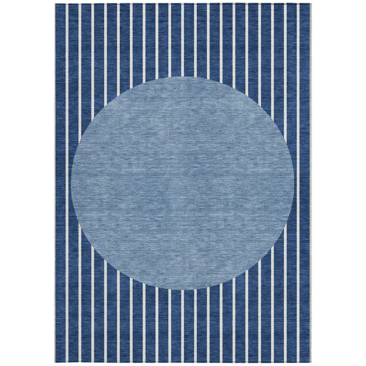 3' X 5' Navy Blue And Gray Striped Washable Indoor Outdoor Area Rug
