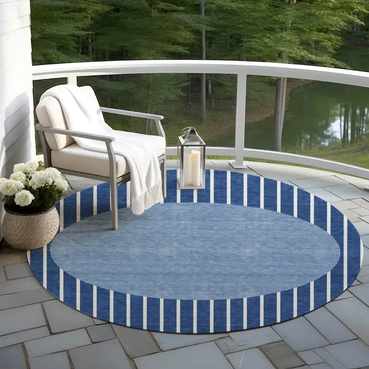 8' Navy Blue And Gray Round Striped Washable Indoor Outdoor Area Rug