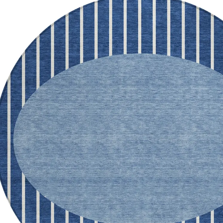 8' Navy Blue And Gray Round Striped Washable Indoor Outdoor Area Rug