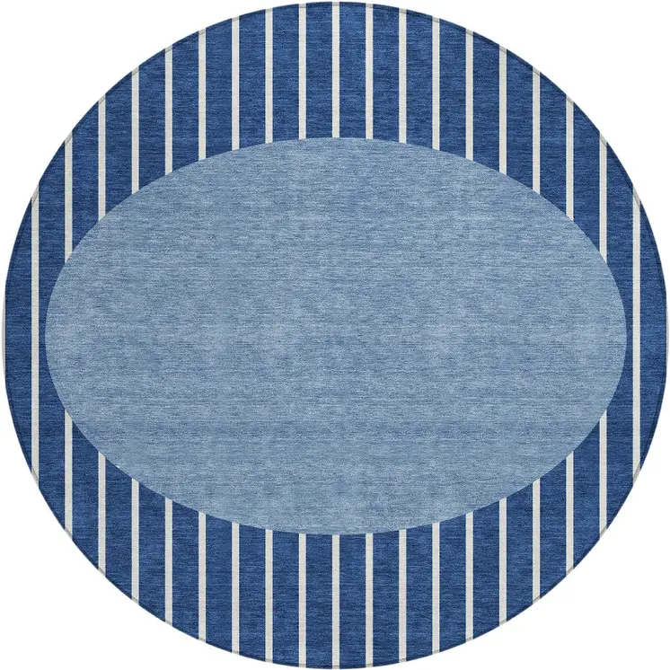 8' Navy Blue And Gray Round Striped Washable Indoor Outdoor Area Rug