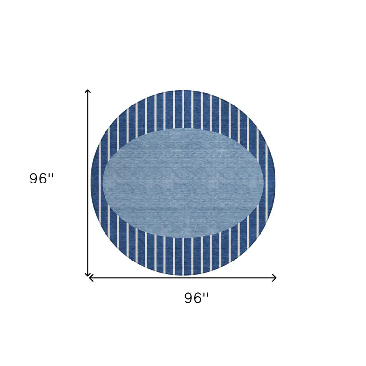 8' Navy Blue And Gray Round Striped Washable Indoor Outdoor Area Rug