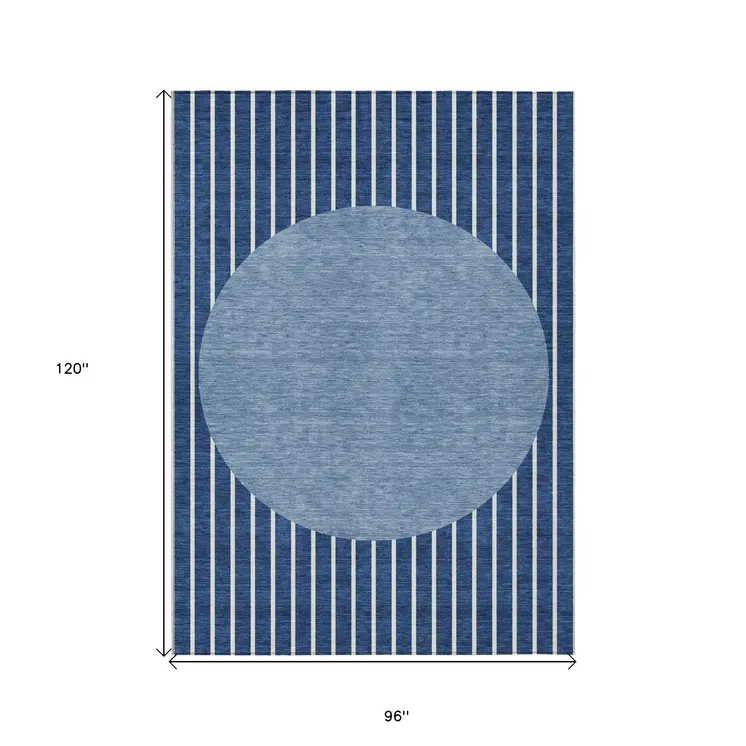 8' X 10' Navy Blue And Gray Striped Washable Indoor Outdoor Area Rug