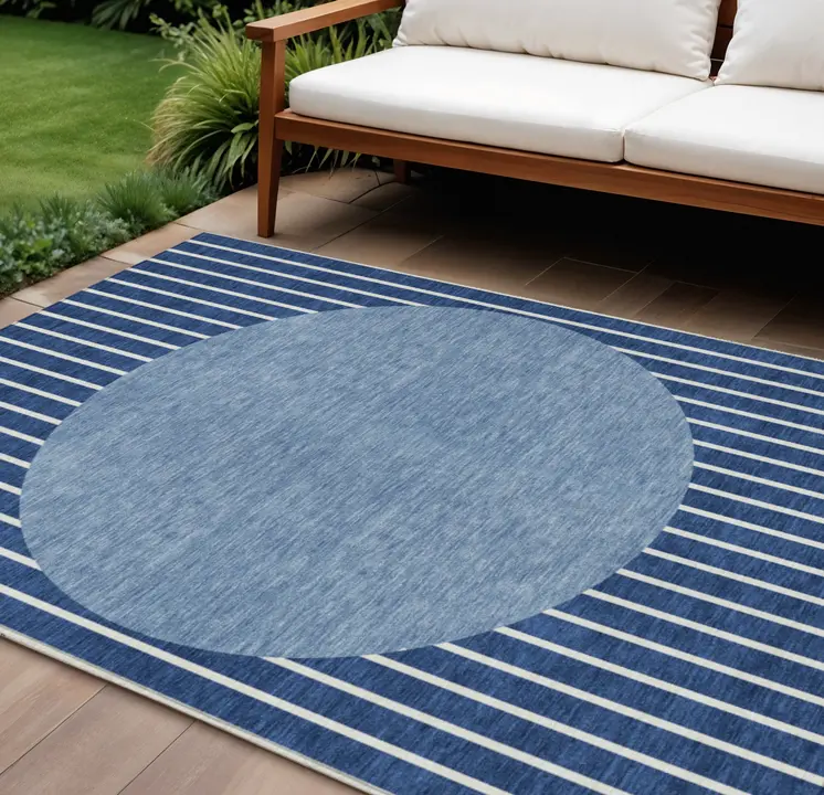 8' X 10' Navy Blue And Gray Striped Washable Indoor Outdoor Area Rug
