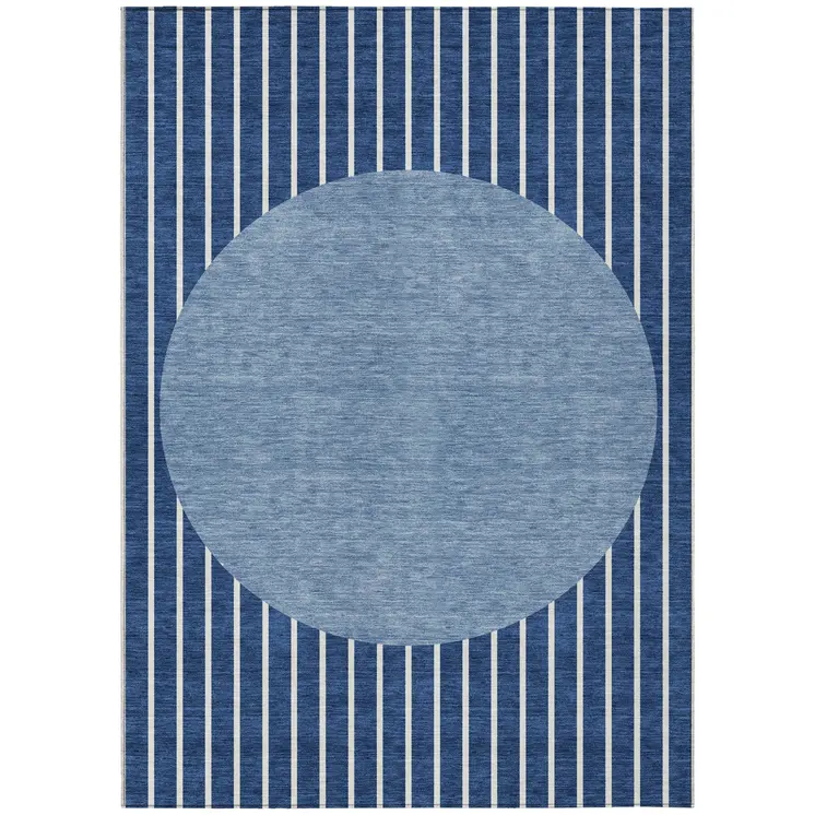 8' X 10' Navy Blue And Gray Striped Washable Indoor Outdoor Area Rug