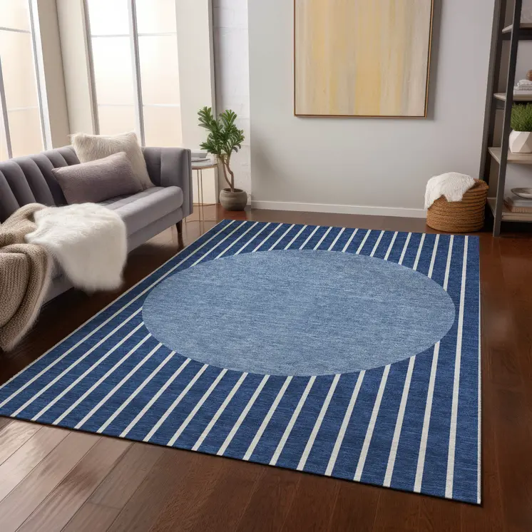 8' X 10' Navy Blue And Gray Striped Washable Indoor Outdoor Area Rug