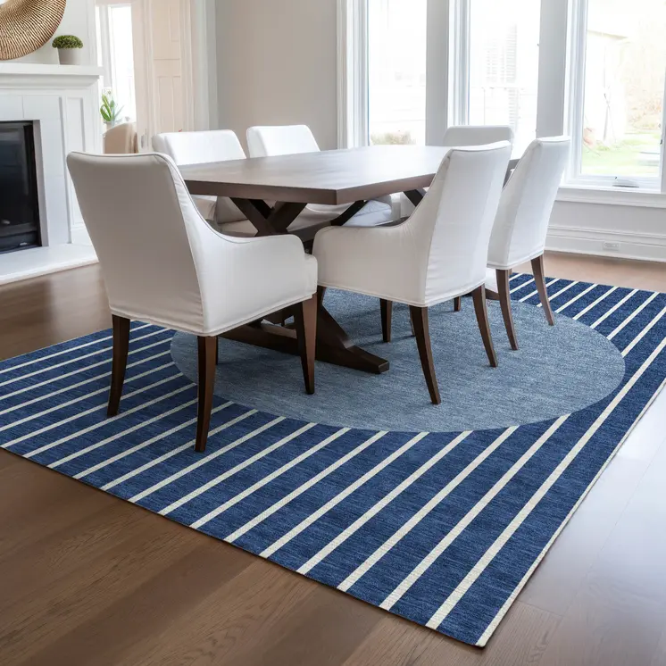 8' X 10' Navy Blue And Gray Striped Washable Indoor Outdoor Area Rug