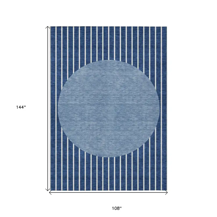 9' X 12' Navy Blue And Gray Striped Washable Indoor Outdoor Area Rug