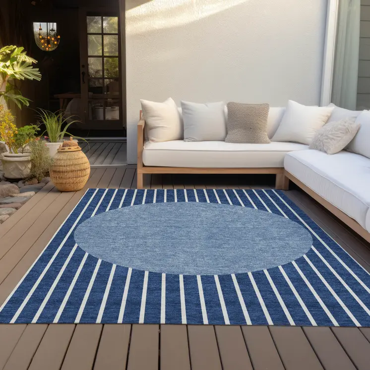 9' X 12' Navy Blue And Gray Striped Washable Indoor Outdoor Area Rug