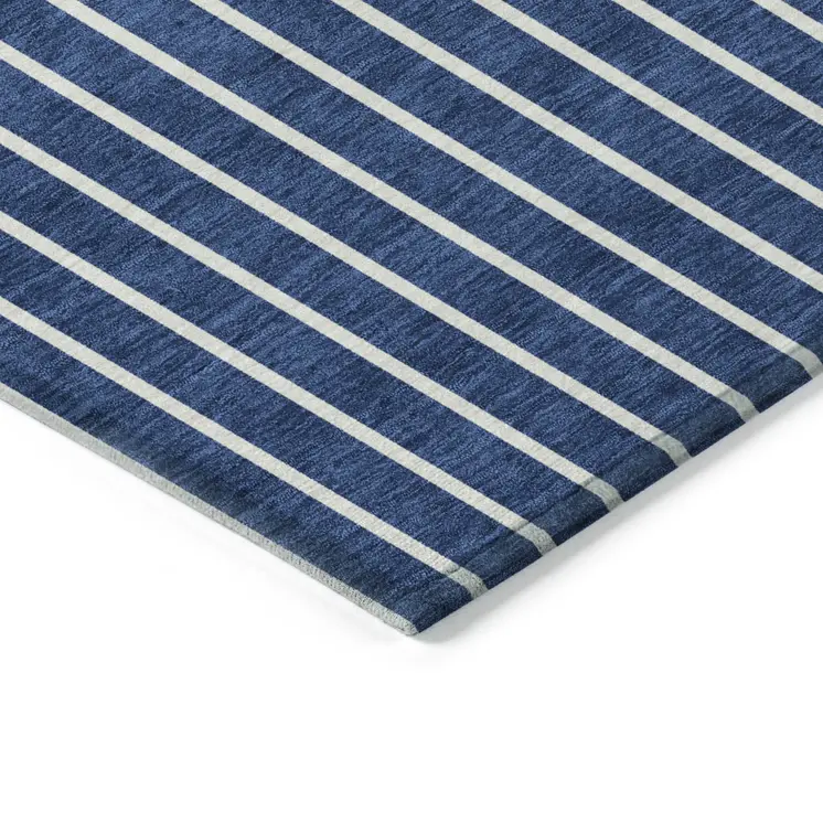 9' X 12' Navy Blue And Gray Striped Washable Indoor Outdoor Area Rug