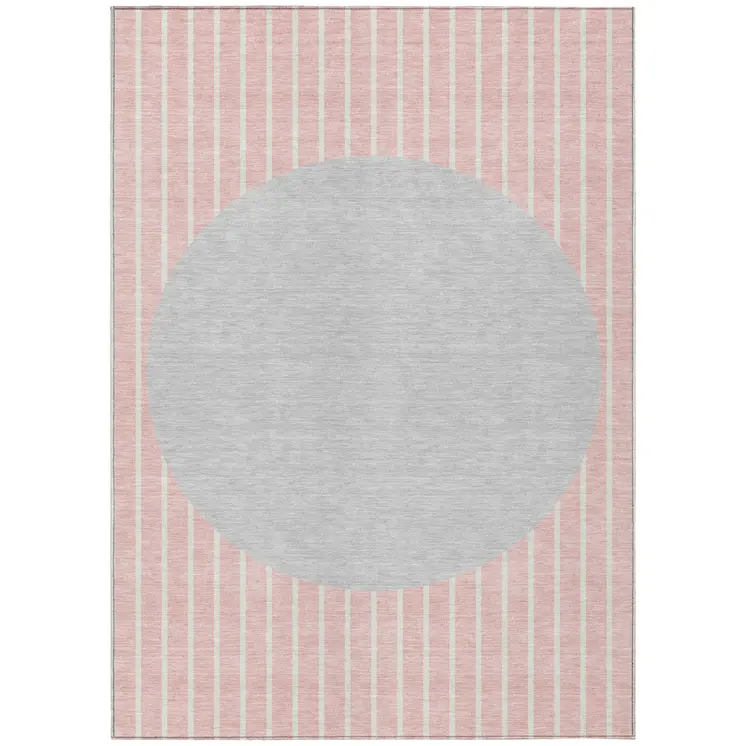 3' X 5' Pink And Silver Striped Washable Indoor Outdoor Area Rug