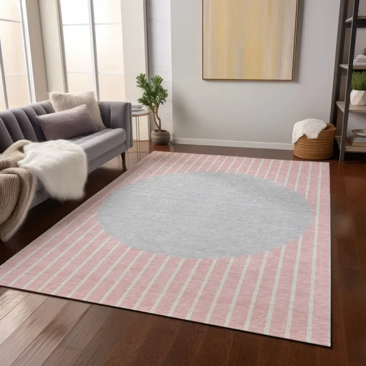 8' X 10' Pink And Silver Striped Washable Indoor Outdoor Area Rug
