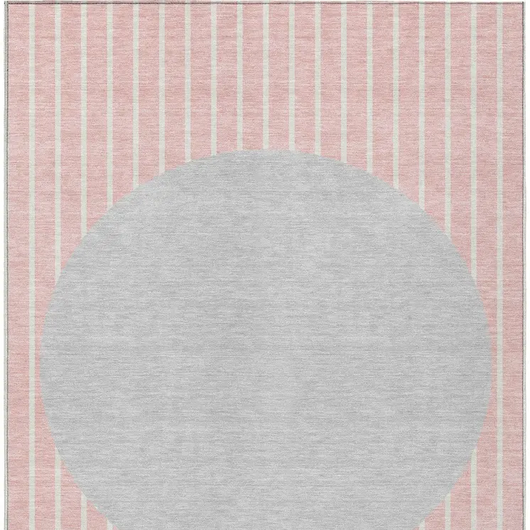 9' X 12' Pink And Silver Striped Washable Indoor Outdoor Area Rug
