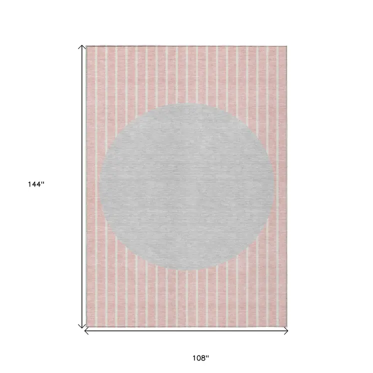 9' X 12' Pink And Silver Striped Washable Indoor Outdoor Area Rug