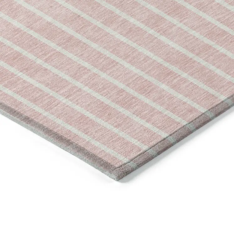 9' X 12' Pink And Silver Striped Washable Indoor Outdoor Area Rug