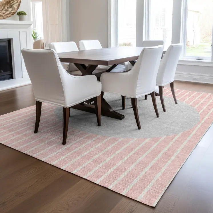 9' X 12' Pink And Silver Striped Washable Indoor Outdoor Area Rug