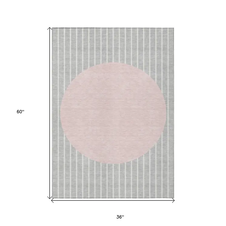 3' X 5' Silver And Pink Striped Washable Indoor Outdoor Area Rug