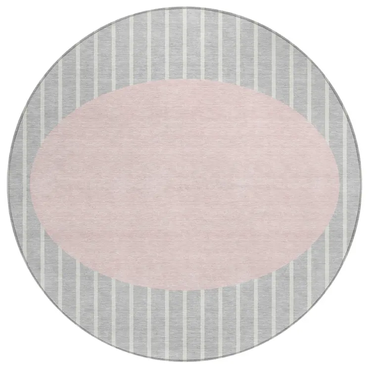 8' Silver And Pink Round Striped Washable Indoor Outdoor Area Rug
