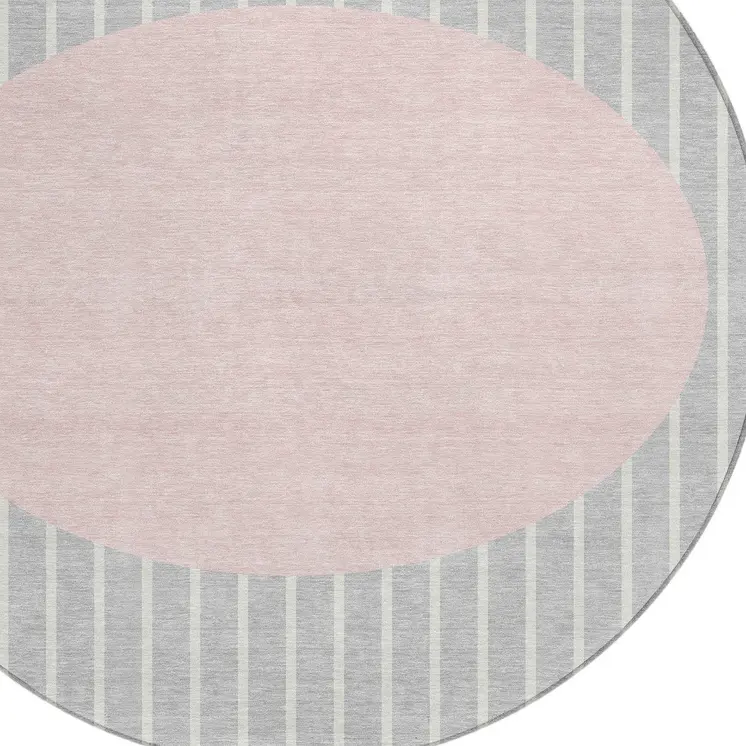 8' Silver And Pink Round Striped Washable Indoor Outdoor Area Rug