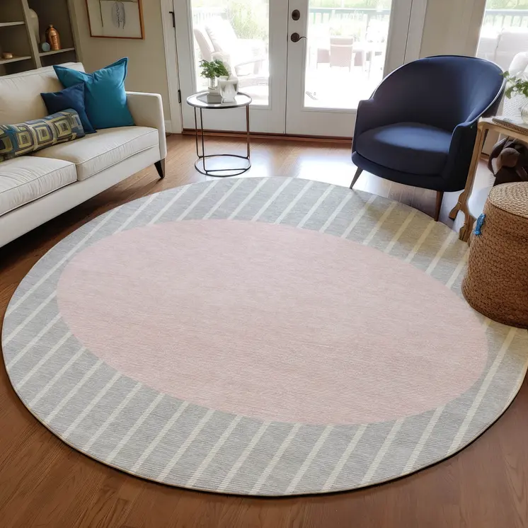 8' Silver And Pink Round Striped Washable Indoor Outdoor Area Rug