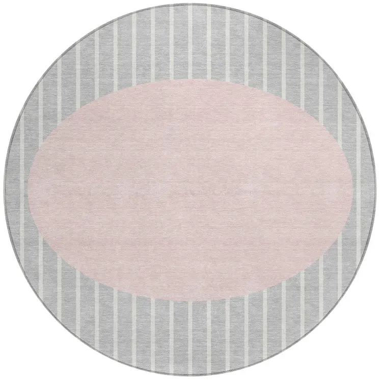 8' Silver And Pink Round Striped Washable Indoor Outdoor Area Rug