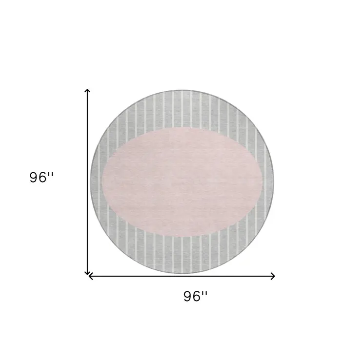 8' Silver And Pink Round Striped Washable Indoor Outdoor Area Rug