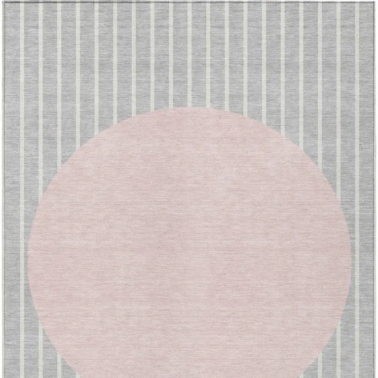 8' X 10' Silver And Pink Striped Washable Indoor Outdoor Area Rug