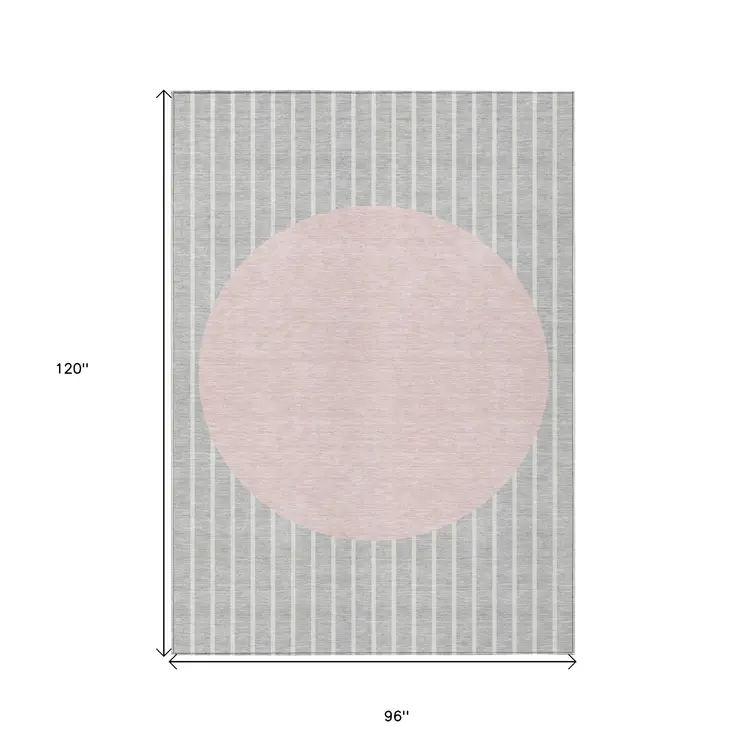 8' X 10' Silver And Pink Striped Washable Indoor Outdoor Area Rug