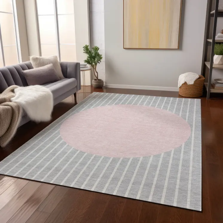 8' X 10' Silver And Pink Striped Washable Indoor Outdoor Area Rug