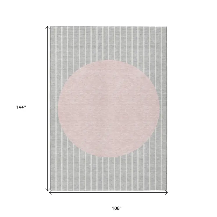 9' X 12' Silver And Pink Striped Washable Indoor Outdoor Area Rug