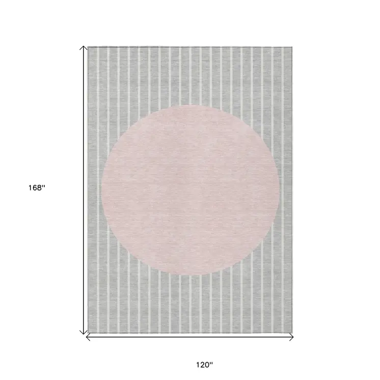 10' X 14' Silver And Pink Striped Washable Indoor Outdoor Area Rug