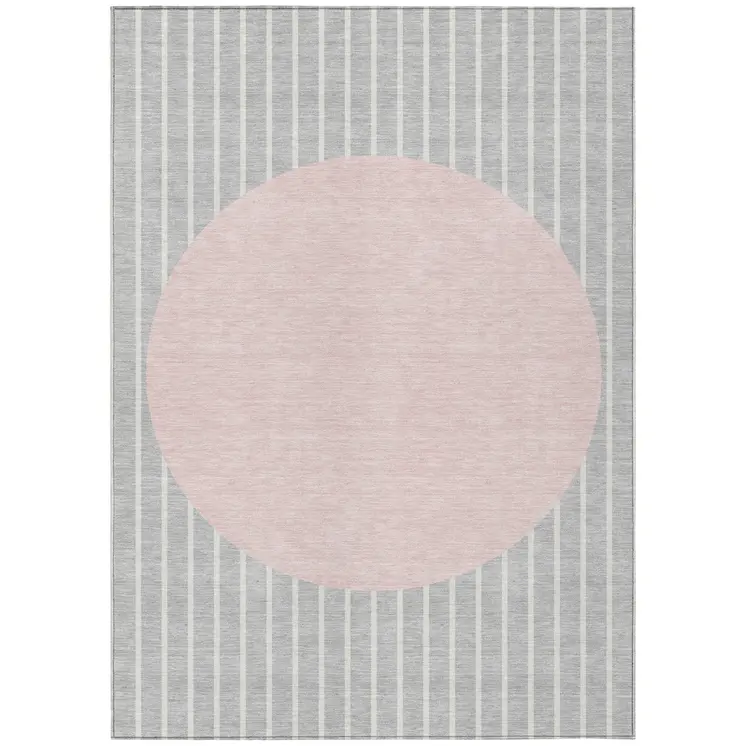 10' X 14' Silver And Pink Striped Washable Indoor Outdoor Area Rug