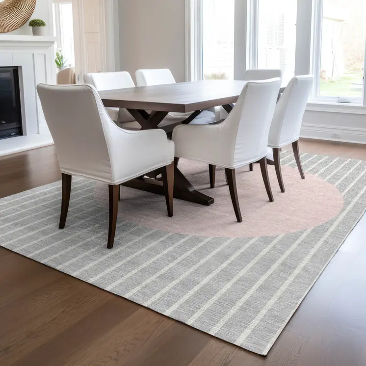 10' X 14' Silver And Pink Striped Washable Indoor Outdoor Area Rug