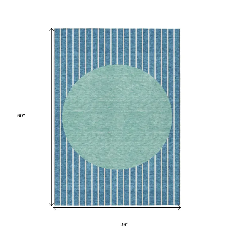 3' X 5' Teal Blue And Aqua Striped Washable Indoor Outdoor Area Rug