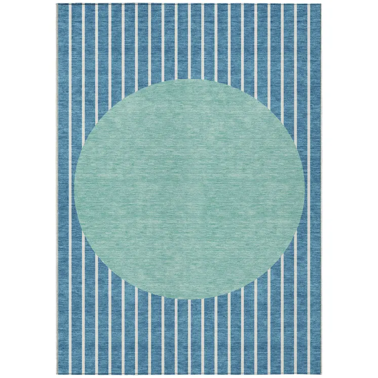 3' X 5' Teal Blue And Aqua Striped Washable Indoor Outdoor Area Rug