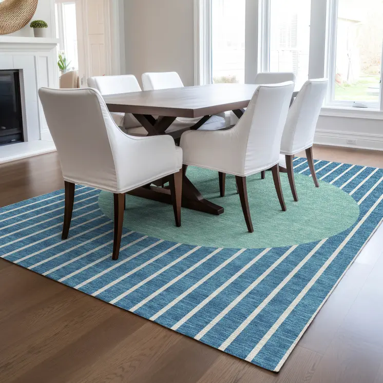 3' X 5' Teal Blue And Aqua Striped Washable Indoor Outdoor Area Rug